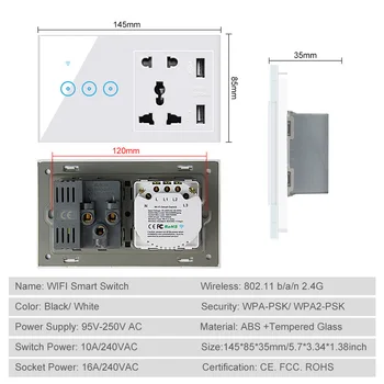 Tuya Smart Life Gniazdo USB with Switch WiFi LED Light Touch Wall Switch 3 gang i gniazdo wtyczkowe zgodna z Alexa Google Home