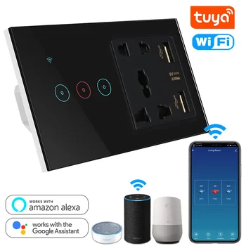 Tuya Smart Life Gniazdo USB with Switch WiFi LED Light Touch Wall Switch 3 gang i gniazdo wtyczkowe zgodna z Alexa Google Home