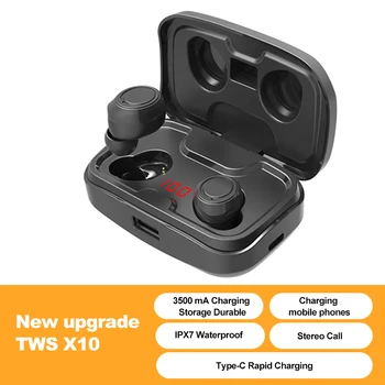TWS X10 słuchawki bezprzewodowe bluetooth IPX7 wodoodporny regulator głośności BT V5.0 redukcja szumów 3D stereo 3500 mah pojemność baterii