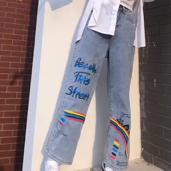 Tęcza graffiti jeans dla mężczyzn i kobiet temat pary 2020 jesień casual styl college szerokie nogi myjące spodnie moda