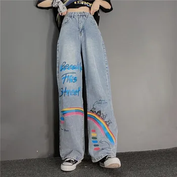 Tęcza graffiti jeans dla mężczyzn i kobiet temat pary 2020 jesień casual styl college szerokie nogi myjące spodnie moda