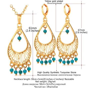 U7 Turkish Jewelry Set For Women Gold Color Blue Stone Jewelry Trendy Kolczyki I Naszyjnik Set Bohemian S718