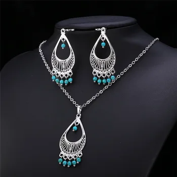 U7 Turkish Jewelry Set For Women Gold Color Blue Stone Jewelry Trendy Kolczyki I Naszyjnik Set Bohemian S718