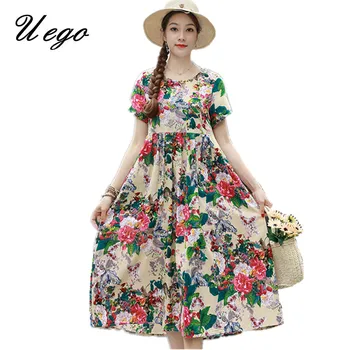 Uego Fashion Print Floral Prairie Chic Vintage Dress z krótkim rękawem z bawełnianej lniany wolnego sukienkę M-4XL Women Casual Midi Dress