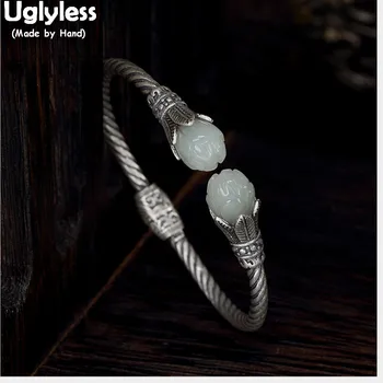 Uglyless prawdziwe стерлинговое srebro próby 925 kwiatowe bransoletki dla kobiet rocznika tajski srebrny wykwintne biżuteria naturalny nefryt Lotos odkryty bransoletka