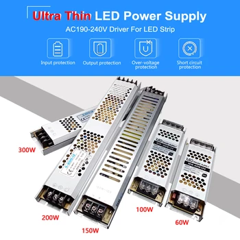 Ultra-cienki led zasilanie 12V DC 24V 60W 100W 150W 200W 300W transformatory oświetleniowe AC 190-240V LED Driver LED Strip Laboratory