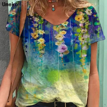 Umeko Plus Size 5XL odzież Damska lato nowy moda damska V-neck kwiatowy print z krótkim rękawem casual luźna koszulka Top Y2k