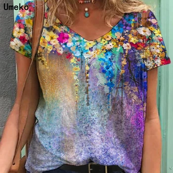 Umeko Plus Size 5XL odzież Damska lato nowy moda damska V-neck kwiatowy print z krótkim rękawem casual luźna koszulka Top Y2k