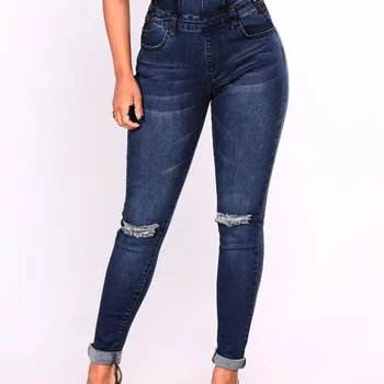 Umysł nogi pasy dżinsy dla kobiet podstawowe klasyczne granatowe damskie spodnie jeansowe poszarpane dziury odcinek kombinezon Kombinezon kombinezon jeans