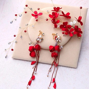 Urok handmade Czerwony kwiat opaska i kolczyki dla nowożeńców ślubne ozdoby do włosów kobiety kryształowe koraliki ozdoby do włosów ML089
