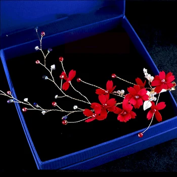 Urok handmade Czerwony kwiat opaska i kolczyki dla nowożeńców ślubne ozdoby do włosów kobiety kryształowe koraliki ozdoby do włosów ML089