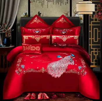 Urządzony w luksusowym smok feniks haft czerwony chiński styl ślub bawełna 4 / 6szt komplet pościeli poszwa prześcieradło/pościel poszewki
