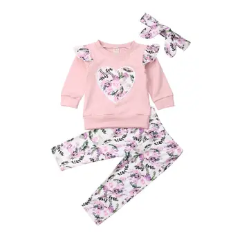 USA jesienna odzież dla dzieci odzież dla dziewczynek kwiat bluzki z długim rękawem, spodnie, opaska na głowę jesienna odzież dla dzieci zestawy 2szt 6m-4T