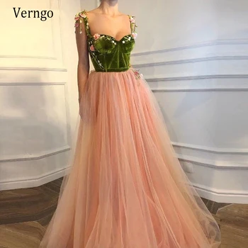 Verngo 2021 nowy projekt welur top A Line sukienka róż różowy tiul spódnicy długie suknie wieczorowe z 3D kwiaty korowód sukienka