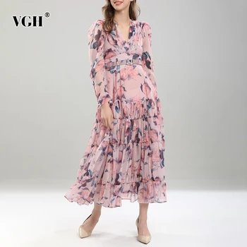 VGH Vintage Hit Color Dress For Women V neck z długim rękawem wysokiej talii drukowane eleganckie sukienki odzież damska odzież nowa wiosna