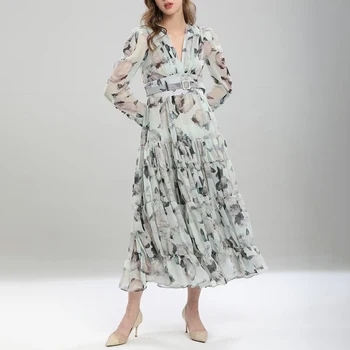 VGH Vintage Hit Color Dress For Women V neck z długim rękawem wysokiej talii drukowane eleganckie sukienki odzież damska odzież nowa wiosna
