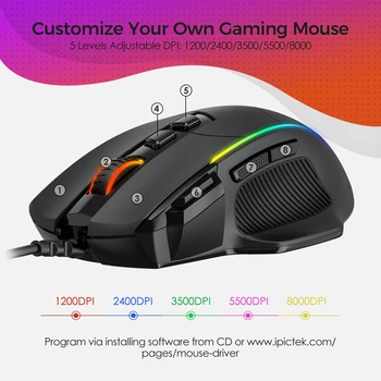 VicTsing PC278 Gaming Mouse przewodowe ergonomiczne myszy z 8000DPI 8 programowalnych przycisków RGB podświetlenie myszy komputerowej PC Gamer