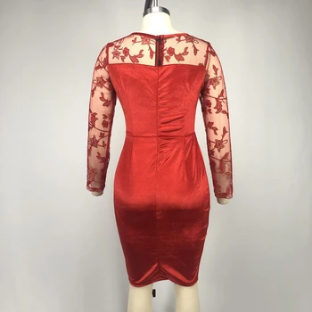 Vinatge aksamitna zimowy strój kobiecy sexy przezroczyste koronki patchwork z długim rękawem suknia vedtiso jesień bodycon plus rozmiar sukni retro