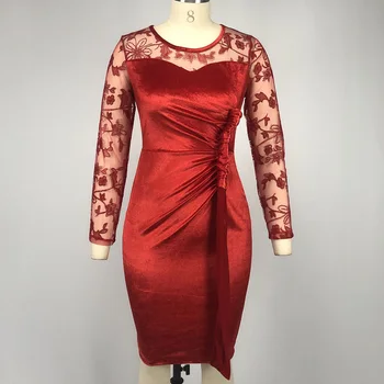 Vinatge aksamitna zimowy strój kobiecy sexy przezroczyste koronki patchwork z długim rękawem suknia vedtiso jesień bodycon plus rozmiar sukni retro