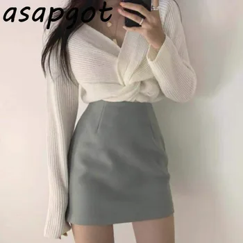 Vintage casual jesień nowy koreański Wild twist V-neck sweter dzianina stałe cienka spódnica z wysokim stanem moda temperament chic