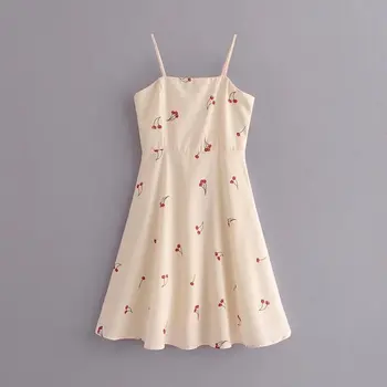 Vintage Cherry print beach women dress sleeveless white cami summer dress 2018 korea moda elegancka szyfonowa sukienka midi vestido