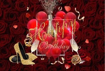 Vinyl fotografia tło urodziny dorosła dama Czerwona Róża na wysokich obcasach balony Walentynki tło wystrój studio fotograficzne