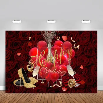 Vinyl fotografia tło urodziny dorosła dama Czerwona Róża na wysokich obcasach balony Walentynki tło wystrój studio fotograficzne