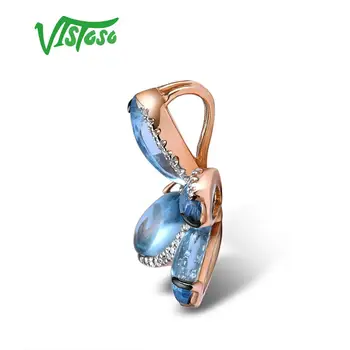 VISTOSO 585 14K różowe złoto motyl wisiorek dla kobiet przezroczysty niebieski topaz błyszczący diament piękny wisiorek rocznica wykwintne biżuteria
