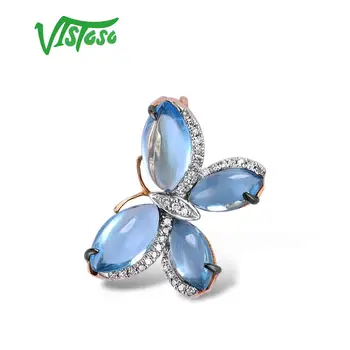 VISTOSO 585 14K różowe złoto motyl wisiorek dla kobiet przezroczysty niebieski topaz błyszczący diament piękny wisiorek rocznica wykwintne biżuteria