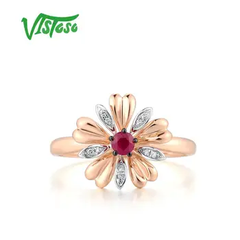VISTOSO prawdziwe 585 14K różowe złoto Rubin diament pierścień kwiat dla Pani ślub, zaręczyny, rocznica modny prezent wykwintne biżuteria