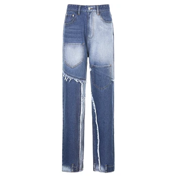 Waatfaak meble odzież niebieski patchwork jeans kieszenie hippie denim spodnie y2k moda cargo spodnie jeansowe baggy wysoka talia harajuku jesień