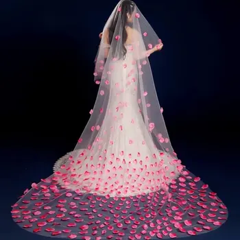 Welon jedna warstwa koronki Różowy płatek miękki tiul z grzebienia panny młodej Мантилья akcesoria ślubne