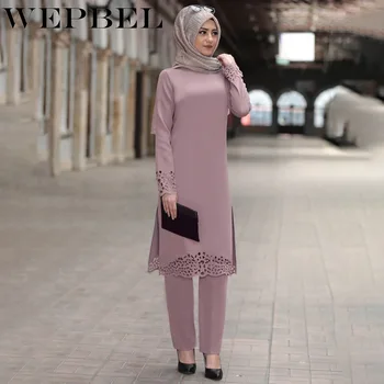 WEPBEL kobiety muzułmańskie zestaw 2 sztuk stroje arabski Dubaj Ramadan Islamski odzież z długim rękawem szlafrok zestaw z dwóch części top i spodnie