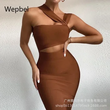 WEPBEL Sexy Women Dress bez rękawów z wysokim stanem Club Wear Brown One-Shoulder Hollow Bodycon Dress Female Solid Color Tight Dress