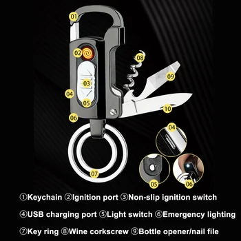 Wielofunkcyjny metalowy Elektroniczna zapalniczka LED keychain papieros turbo zapalniczki otwieracz do butelek USB ładowanie odkryty narzędzie przetrwania