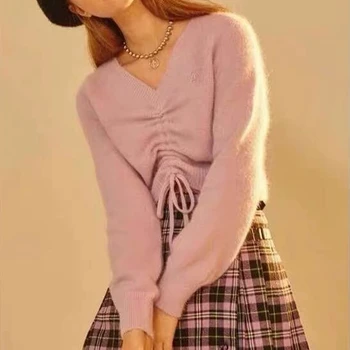 Wiosna 2020 koreański sweter v neck jesień sweter vintage sweter z dzianiny krótkie zimowe, bluzki dla kobiet sweter kardigan pull femme