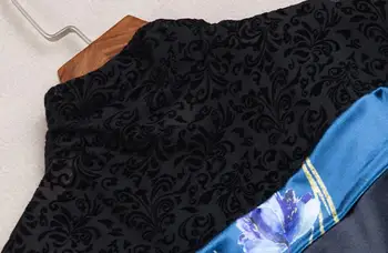 Wiosna jesień moda Damska golf czarna koronka Patchowrk Blur kwiatowy aksamit t-shirt , pełna rękaw welurowe t-shirt dla kobiet