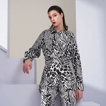 Wiosna Lato Kobiety Leopard Print Z Długim Rękawem Piżamy Satynowe Wygodne Piżamy Garnitur Wypoczynek Bielizna Nocna Odzież Domowa 2 Szt.