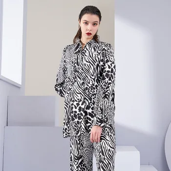 Wiosna Lato Kobiety Leopard Print Z Długim Rękawem Piżamy Satynowe Wygodne Piżamy Garnitur Wypoczynek Bielizna Nocna Odzież Domowa 2 Szt.