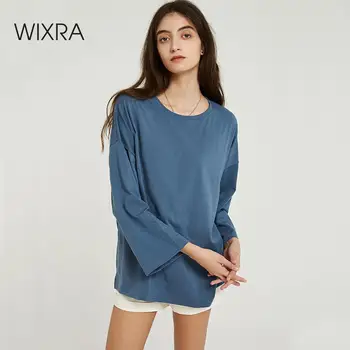 Wixra Women Solid Luźne T Shirts Ladies Long Sleeve O Neck 2019 Jesień Wiosna Casual All Base Match Tee Tops