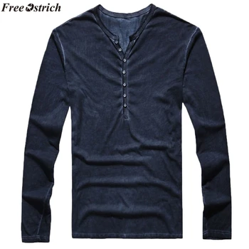 Wolny struś rocznika V-neck koszulki Męskie wiosna-jesień moda męska rozmiar plus t-shirt casual z długim rękawem przycisku koszule dna