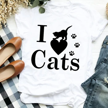 Women Lady Cat Watercolor Short Sleeve 90s Fashion Print T Shirt Tee for Womens Clothes Tshirt Female Top Graphic T-shirt