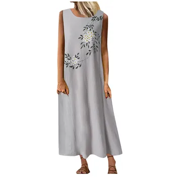 Women ' s Sexy Dress Sleeveless Vintage Cotton and Linen Print Slim Ankle-length Dress sukienka letnia kobieta