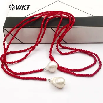 WT-N1115 specjalna konstrukcja multi-opcjonalne kolory Kryształ naszyjnik z podwójnym naturalne perły słodkowodne naszyjnik, prezent dla kobiet
