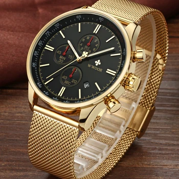WWOOR męski zegarek pełna stalowy złoty czarny sportowe wielofunkcyjne zegarki męskie top marka Złoty chronograf kwarcowy wodoodporny zegarek męski