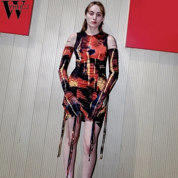 WYHHCJ New 2019 print tie dye plisowane sexy mini sukienka dorywczo rękawice bandaż jesień zima damskie wieczorowe stroje uliczne