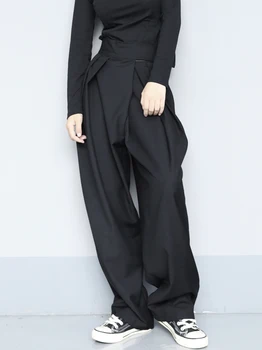 Wysoka Talia Czarne Krótkie Plisowane Długie Spodnie Nowe Temat Spodnie Damskie Moda Przypływ Wiosna Jesień 2021