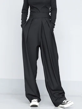 Wysoka Talia Czarne Krótkie Plisowane Długie Spodnie Nowe Temat Spodnie Damskie Moda Przypływ Wiosna Jesień 2021