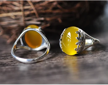 Wysokiej jakości 925 srebro biżuteria kobiety handmade naturalny żółty chalcedon Kobiet pierścienie dziewczyny rocznika богемные pierścień prezent