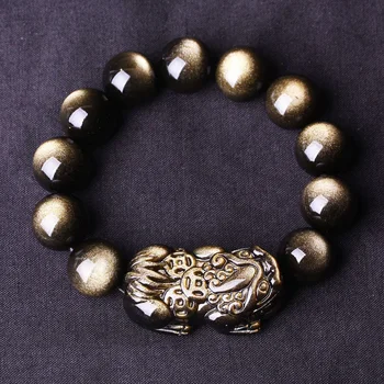 Wysokiej jakości autentyczne czarne złoto naturalny Obsydian bransoletki PiXiu Single Lap Lucky For Men Women Energy Stone bransoletka biżuteria